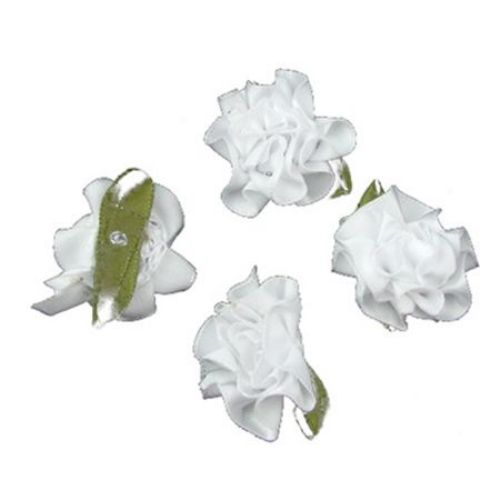 Rose 35 mm satin with leaf white - 10 pieces