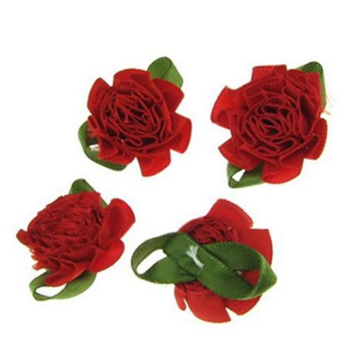 Rose 35 mm satin with leaf red - 10 pieces