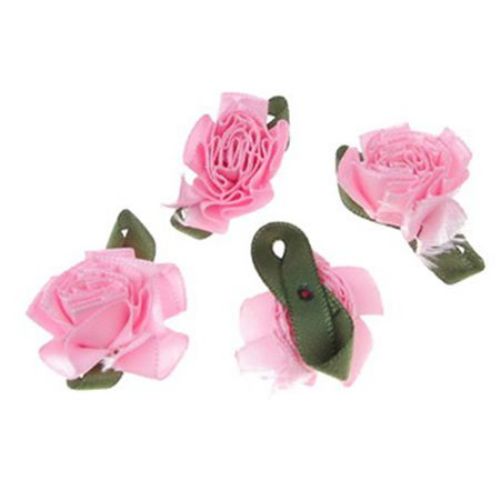 Decorative satin pink rose for hair accessories making 35 mm with leaf - 10 pieces
