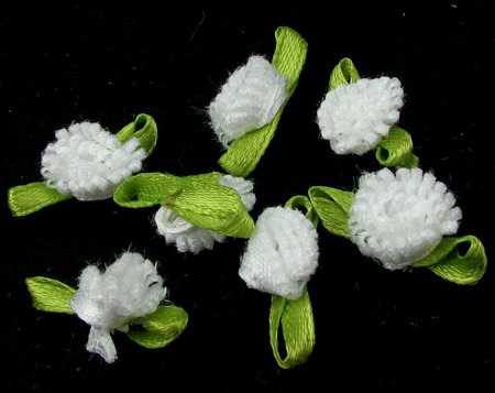 Decorative textile rose "hat" type 10 mm white, with leaf - 25 pieces