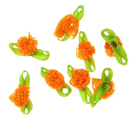 Artificial textile rose "hat" type  for embellishment of festive cards, frames, albums 10 mm with a leaf, dark orange - 25 pieces
