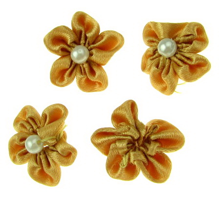 Fabric Flowers for Decoration with Pearl / Dark Ecru Color / 23 mm - 10 pieces