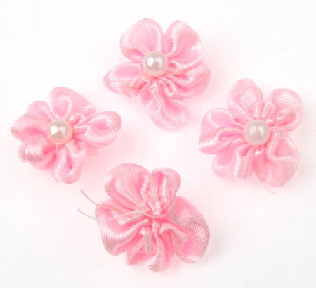 Decorative satin pink rose 23 mm with white pearl - 10 pieces