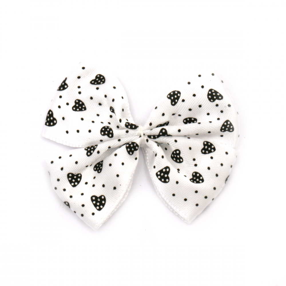 Satin Ribbon Bow Tie / White with Black Hearts / 55x45 mm - 5 pieces
