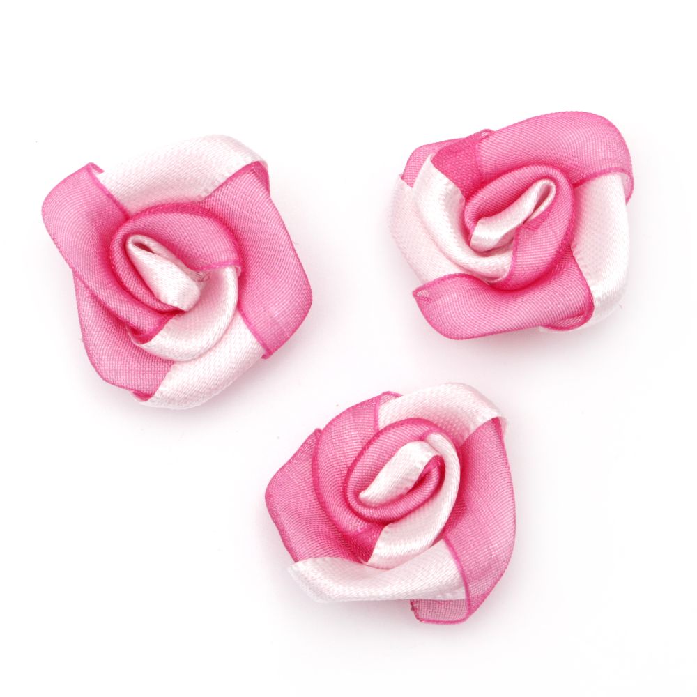 Рози от сатен и органза цвят бял и розов 25 мм -10 броя