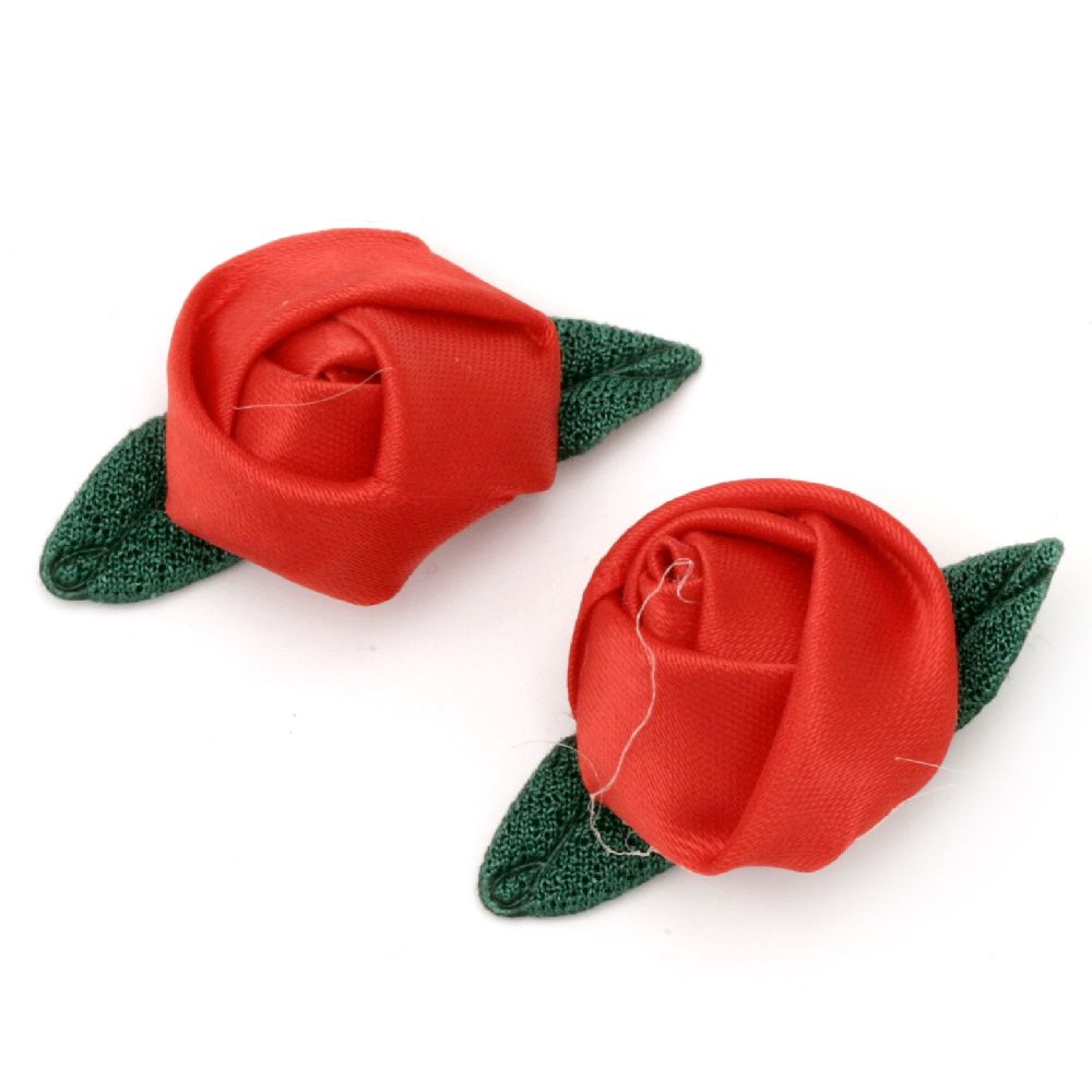 Satin Rose with Fabric Leaf, Red 25mm 10pcs
