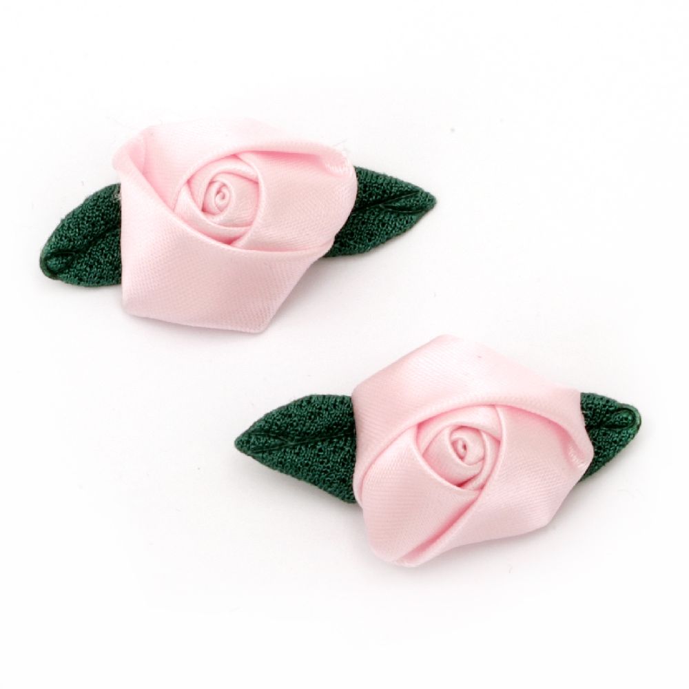 Satin Rose with Fabric Leaf, Pink 25mm 10pcs