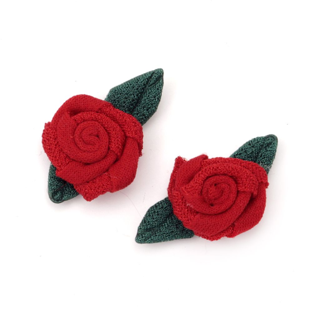 Fabric Roses with Leaves for Craft Projects / 20 mm / Red and Green - 10 pieces