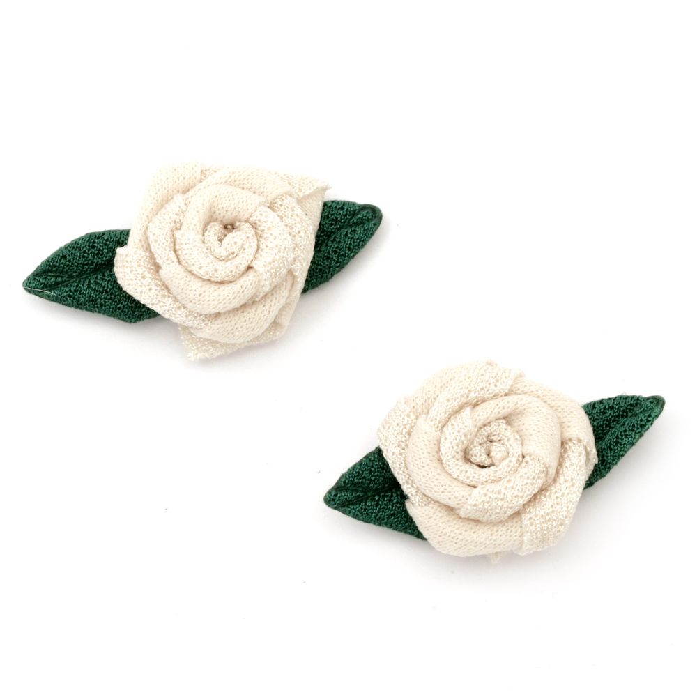Satin Rose with Fabric Leaf, Cream Color 20mm 10pcs