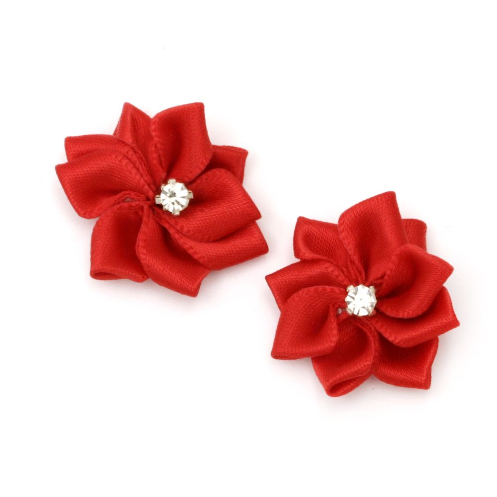 Artificial satin red flower 26 mm with  stone for decoration of to decorate accessories, clothes - 5 pieces