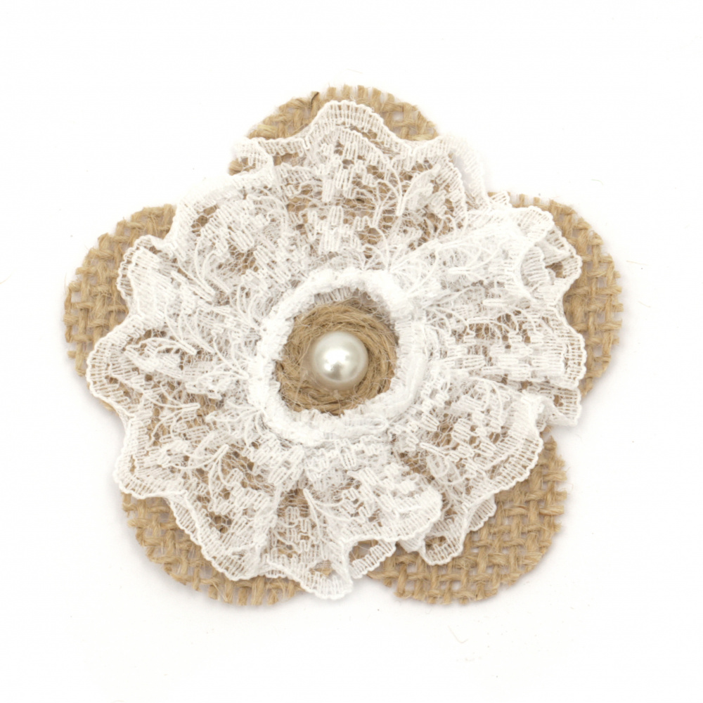Flower for decoration sackcloth 70x70 mm lace and pearl