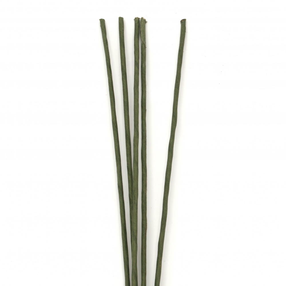 Телени дръжки за цветя, обвита с хартия цвят зелен 1.5 мм диаметър, дължина ~50 см външен диаметър 3 мм - 5 броя