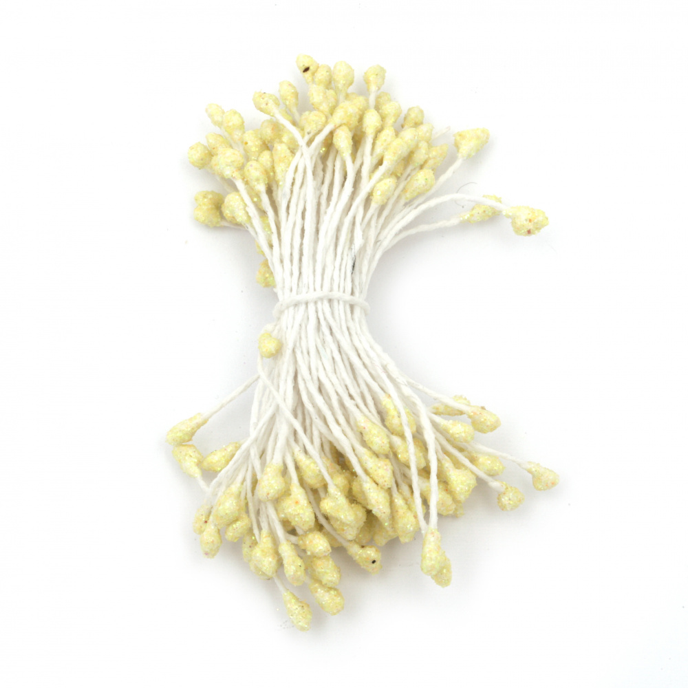 Stamens with glitter double-sided 2.5x5x55 mm pale yellow ± 150 pieces