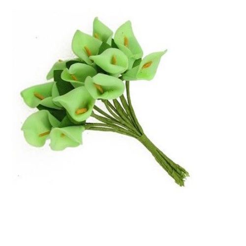 Green Calla Lily Bouquet made of EVA foam, with paper wrapped wire stems and leaves, 16x30 mm - 12 pieces