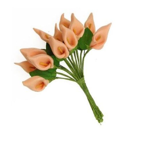 Eva Foam Flower Bouquet, Cream Colored Calla Lilies with green paper wrapped wire stems and leaves, 16x30 mm -12 pieces