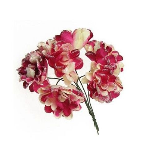Bouquet paper Carnation flower with wire stems 30x90 mm white with red brocade - 6 pieces