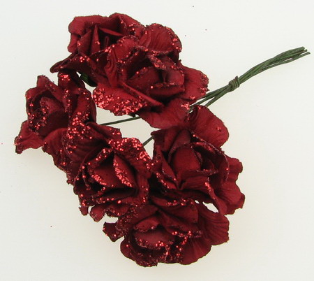 Bouquet of paper Roses with wire stems for decoration 35 mm red brocade - 6 pieces