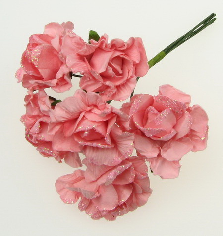 Букет рози от хартия и тел с брокат цвят розов 35 мм -6 броя