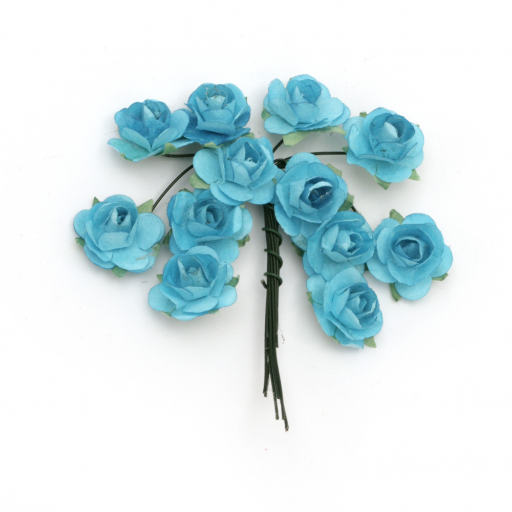 Buchet de trandafir de hârtie și sârmă de 18 mm culoare albastru -12 bucăți