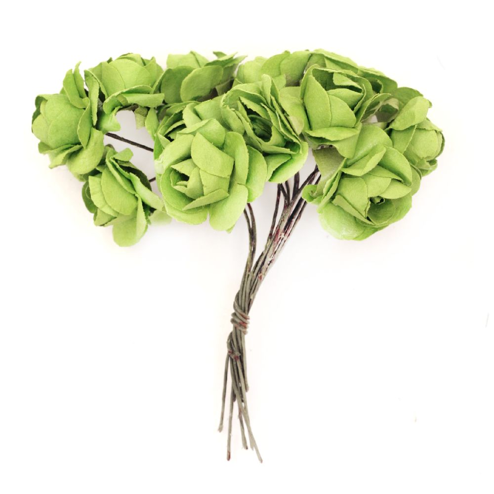 Bouquet of paper Roses with wire stems for decoration 20x80 mm green - 12 pieces