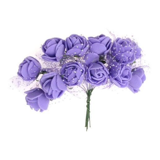 EVA foam and organza Rose bouquet 25x80 mm with wire stems,  purple - 12 pieces