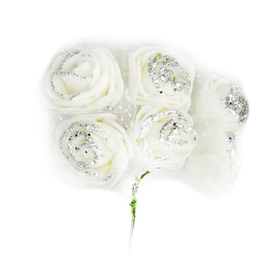 EVA Foam and organza Rose bouquet,  glitter 25x85 mm with wire stems, white - 6 pieces