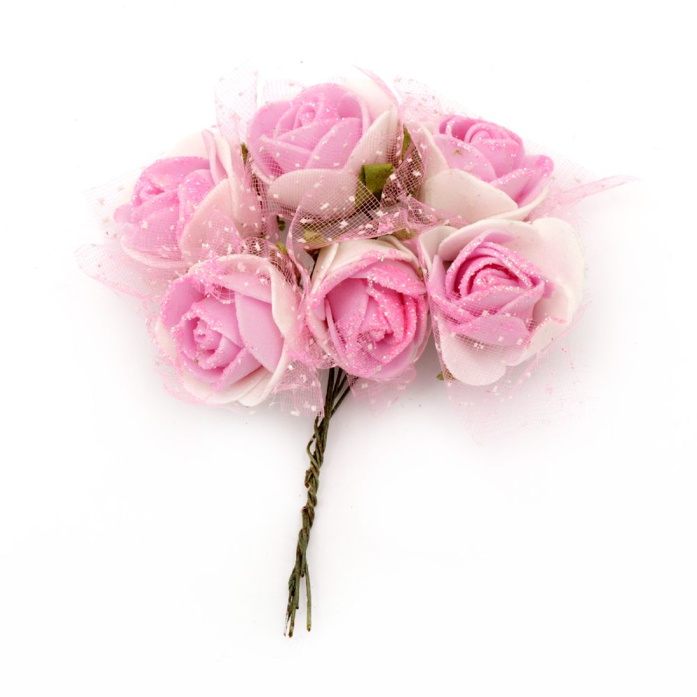 EVA Foam and organza Rose bouquet, glitter 25x85 mm with wire stems, pink white - 6 pieces