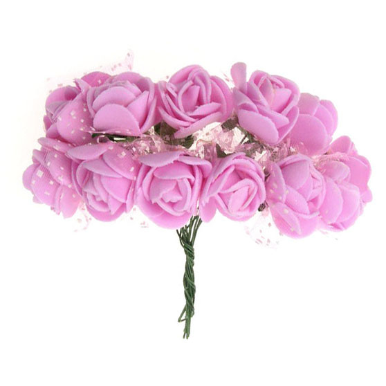 EVA foam and organza rose bouquet with wire stems for decorations of greeting cards, albums, frames 25x80 mm pink - 12 pieces