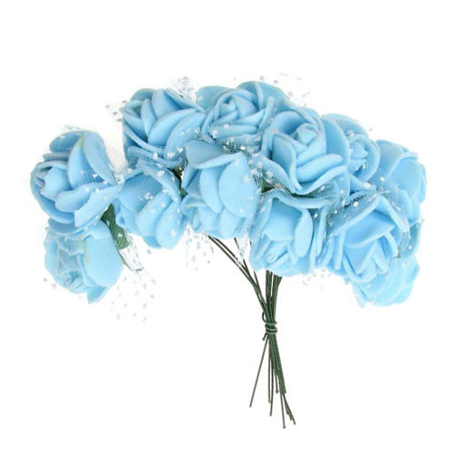 EVA Foam and organza Rose bouquet 25x80 mm with wire stems, light blue - 12 pieces