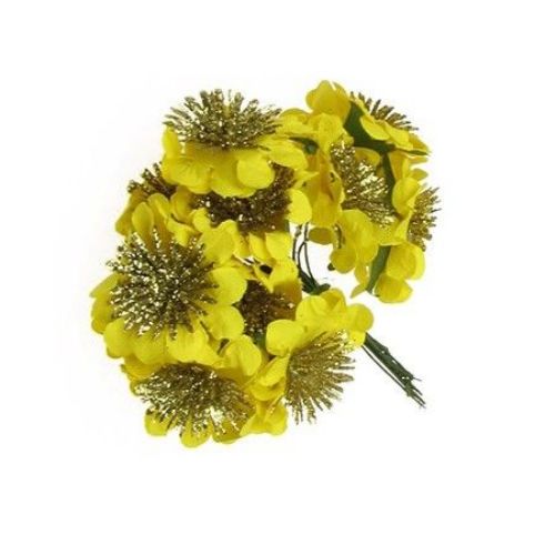 Букет жълти цветя от хартия и тел с брокат 35 мм -12 броя