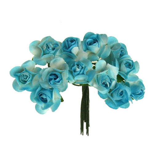 Trandafir buchetde hârtie și sârmă de 15 mm albastru și alb -12 bucăți