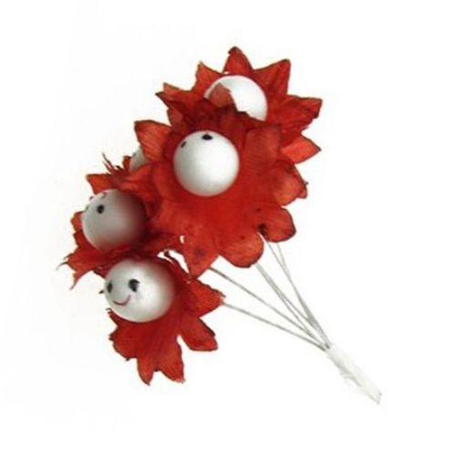 Red flower bouquet 30 mm paper and wire, with smiling face - 6 pieces