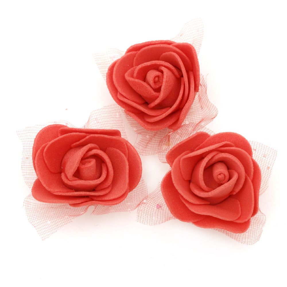 Rose from EVA foam and organza for home and party decoration 35 mm red - 10 pieces