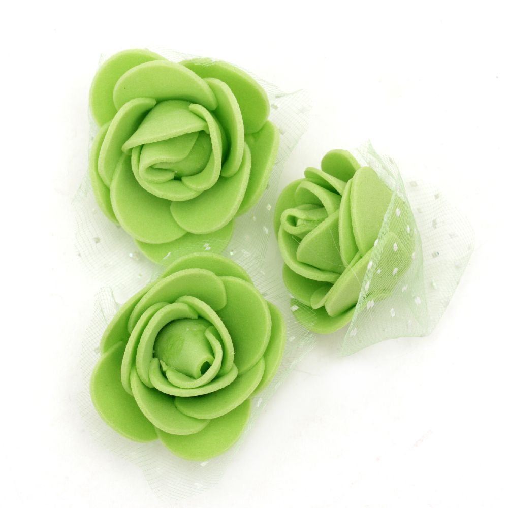 Rose color 35 mm rubber organza green - 10 pieces