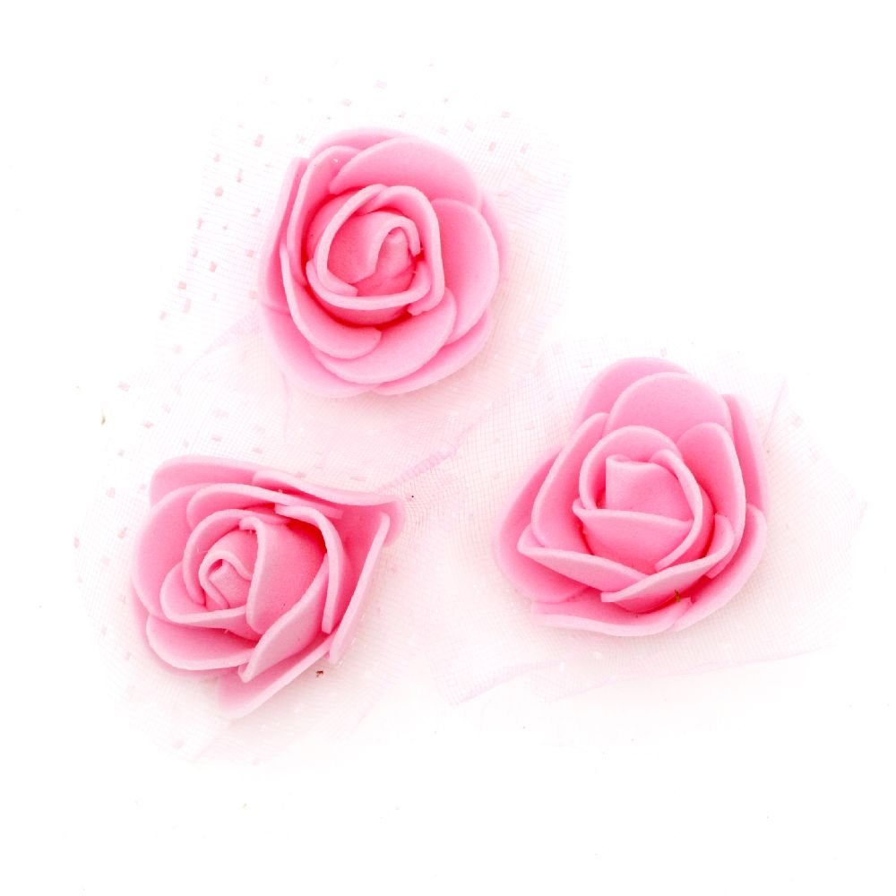 Artificial Foam Roses with Organza / Pink / 35 mm - 10 pieces