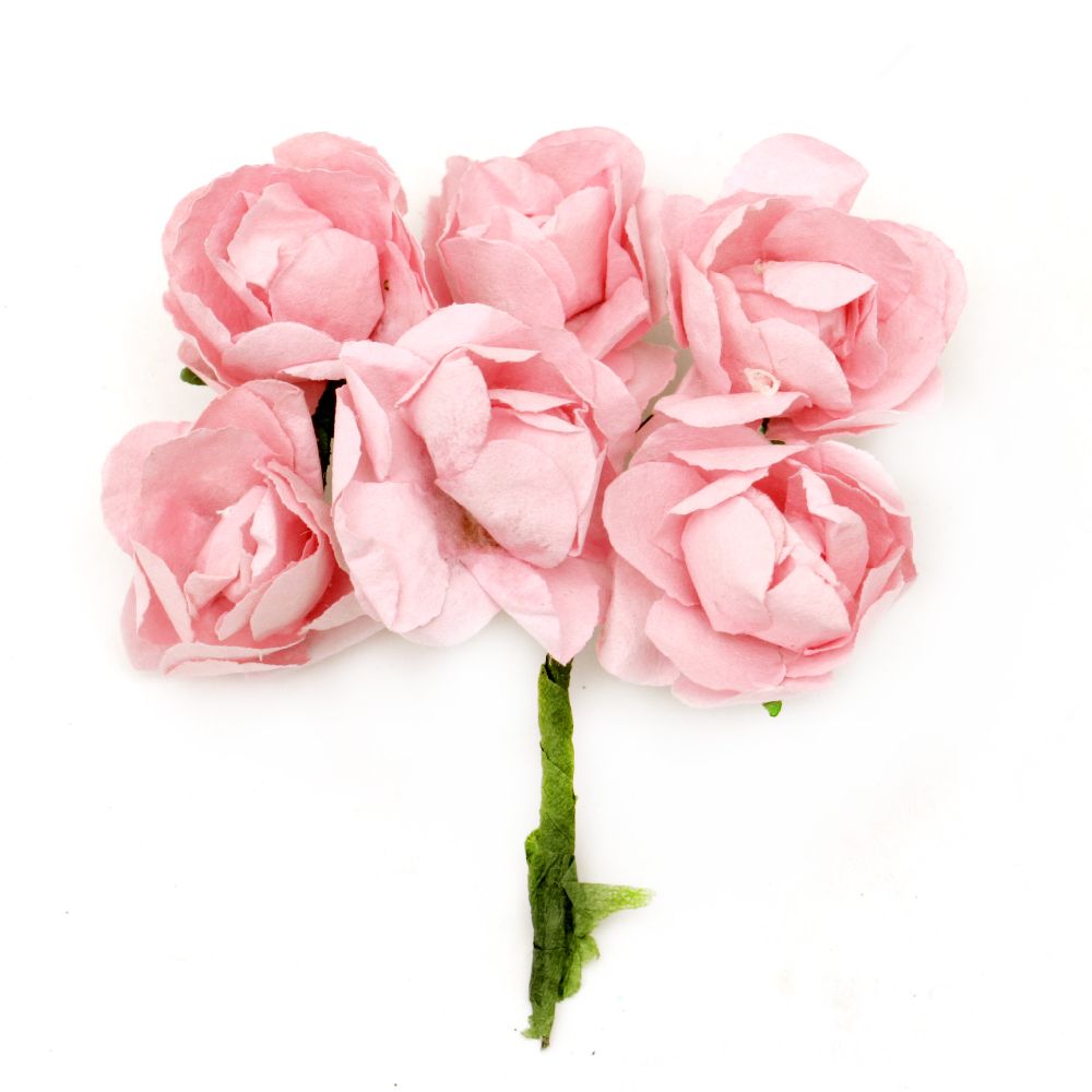 Bouquet of paper Roses with wire stems for decoration 30x80 mm pink light - 6 pieces