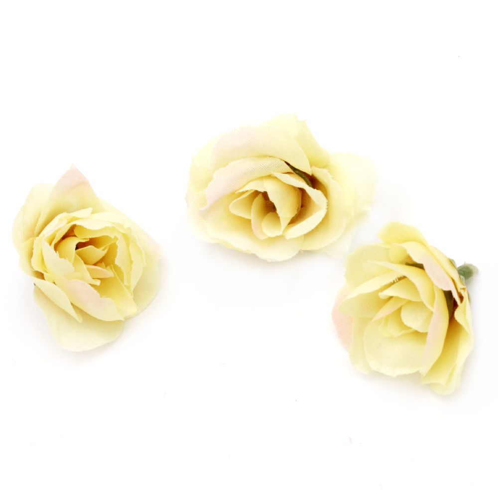 Artificial rose 40 mm with stump for mounting, light yellow  - 10 pieces