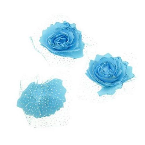 Artificial glitter EVA foam Rose with organza 65 mm blue, for wedding decoration 