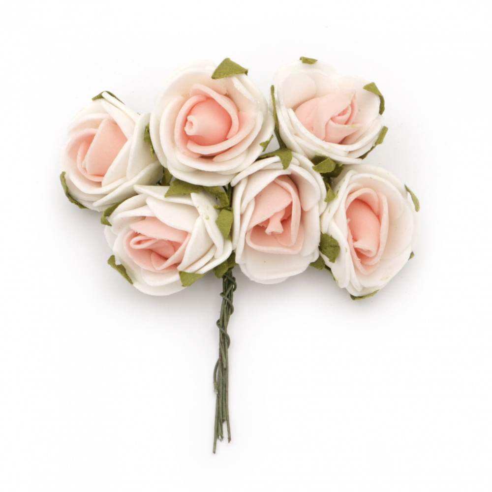 EVA Foam Rose bouquet 25x90 mm with Wire Stems, color white pink - 6 pieces