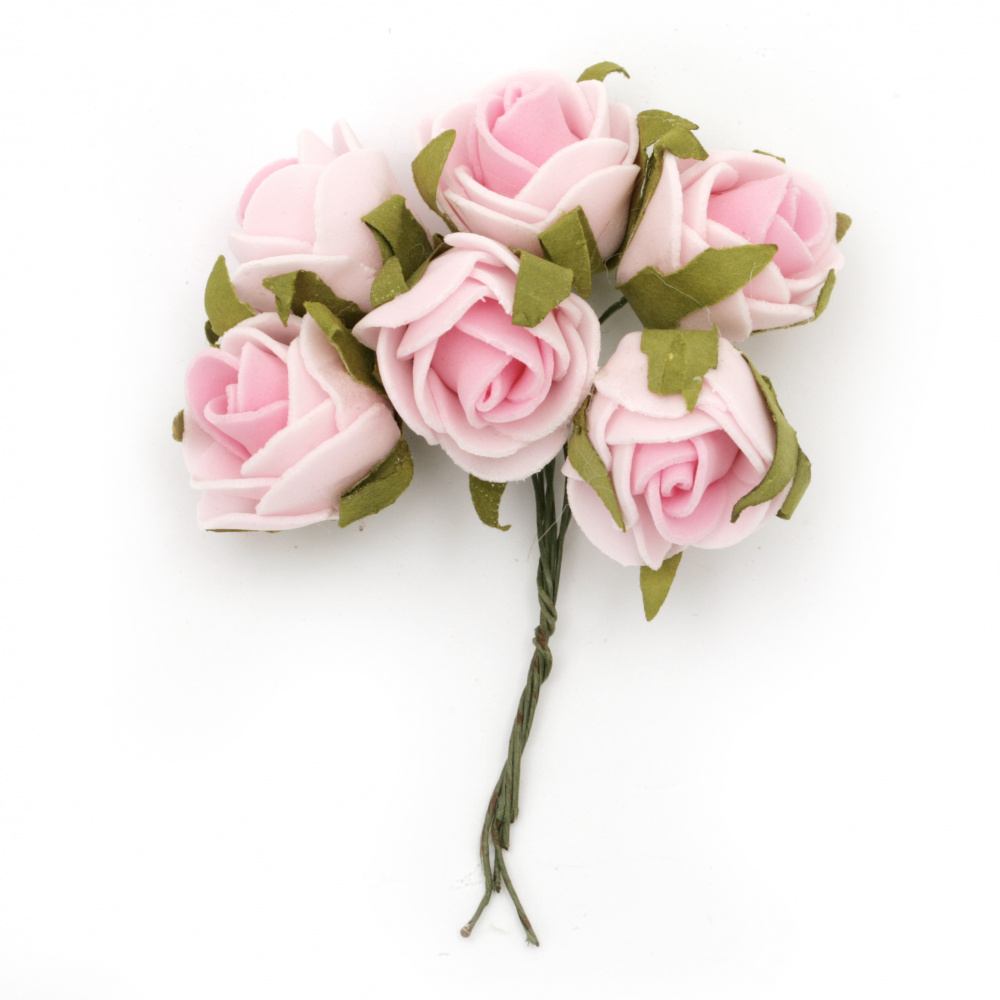 EVA Foam Rose bouquet 25x90 mm with wire stems for festive table decoration, color pink - 6 pieces