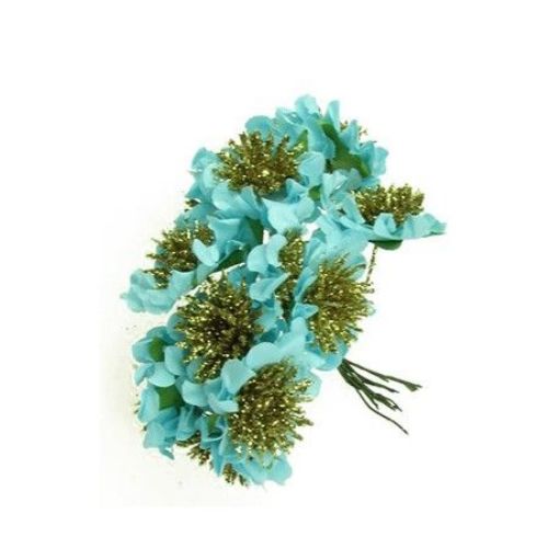 Bouquet of paper  Roses with wire stems for decoration 35mm with brocade, blue - 12 pieces