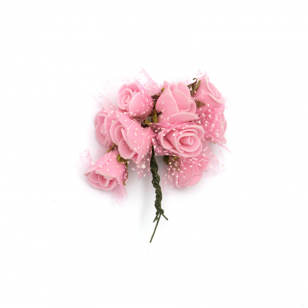 Букет рози от фоам и органза цвят розов 20x90 мм -10 броя