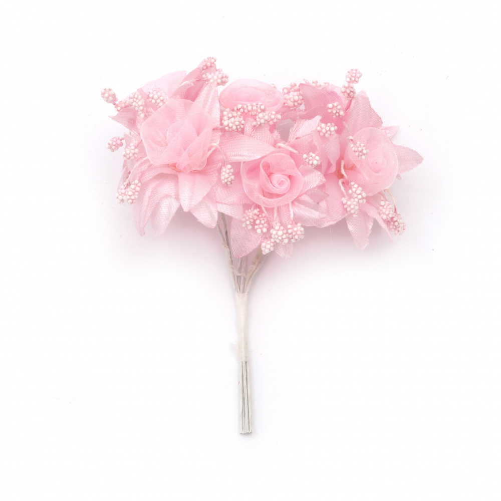 Artificial flower bouquet from textile and organza with stamens 45x100 mm color pink - 6 pieces