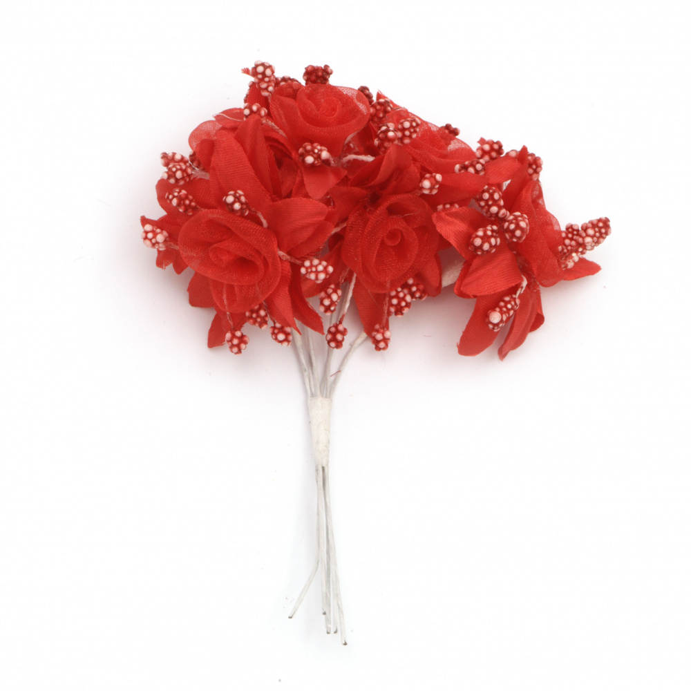 Artificial flower bouquet from textile and organza with stamens for art projects 45x100 mm color red - 6 pieces