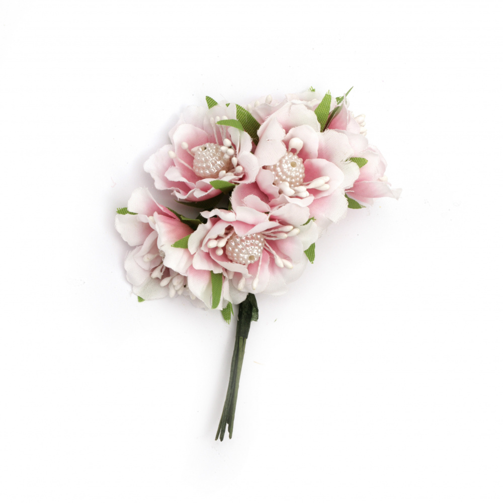Artificial flower bouquet from textile with stamens and pearls  for embellishment of festive cards, invitations, boxes 40x100 mm color white pink - 6 pieces 