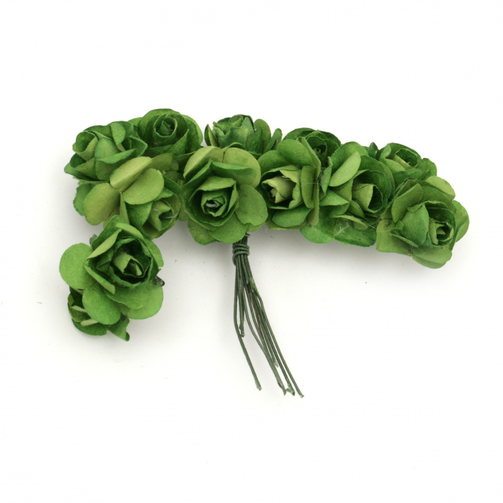 Bouquet of paper Roses with wire stems 20 mm dark green - 12 pieces