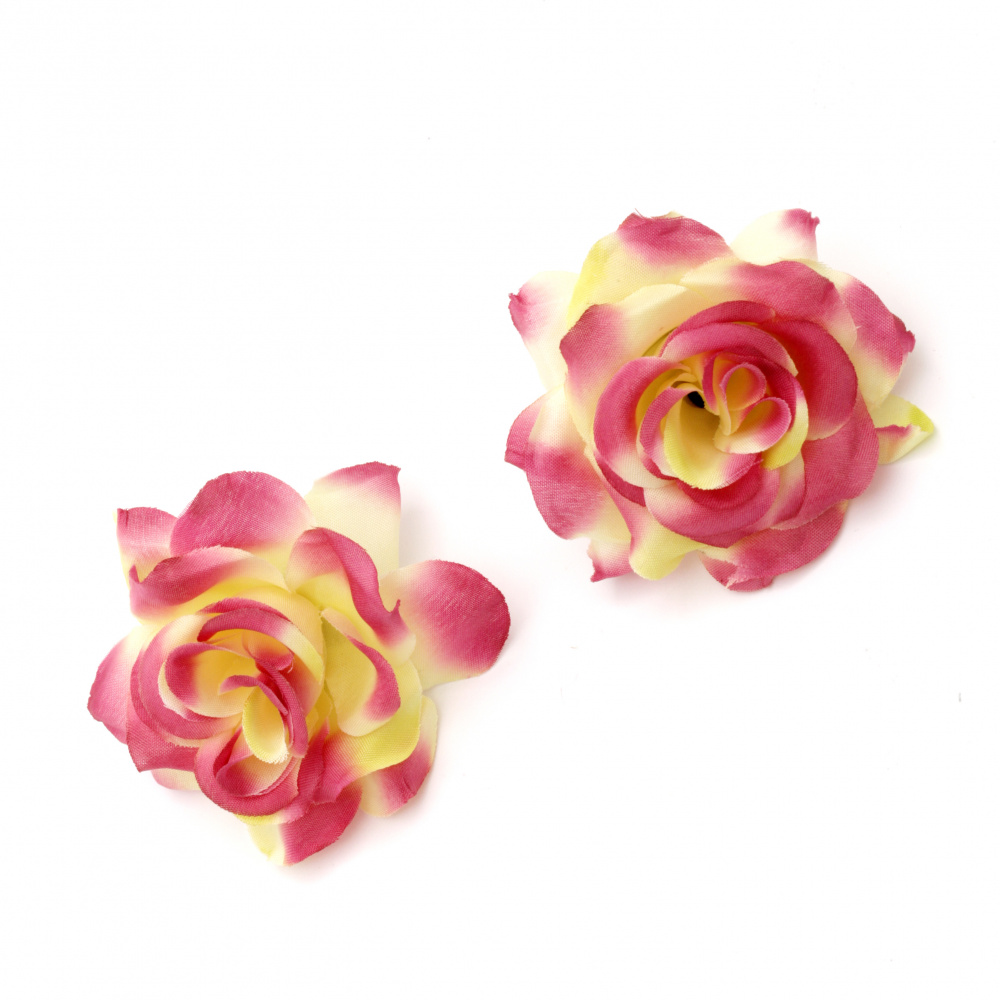 Цвят роза от текстил 55 мм с пънче за монтаж жълто лилаво -5 броя