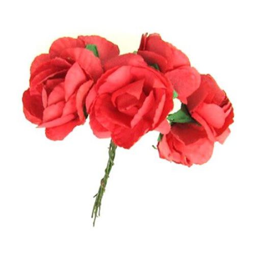 Bouquet of paper Roses with wire stems for decoration 35 mm red - 6 pieces