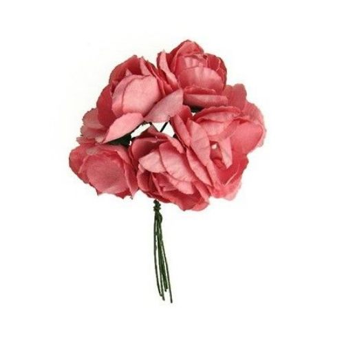Bouquet of paper Roses with wire stems for decoration 30x80 mm dark pink - 6 pieces