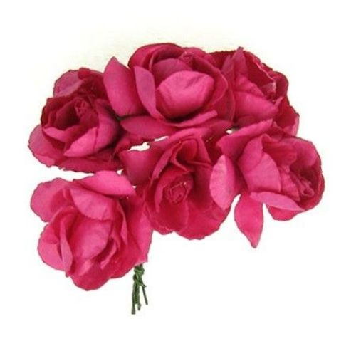 Bouquet of paper Roses with wire stems for decoration 30x80 mm deep pink - 6 pieces